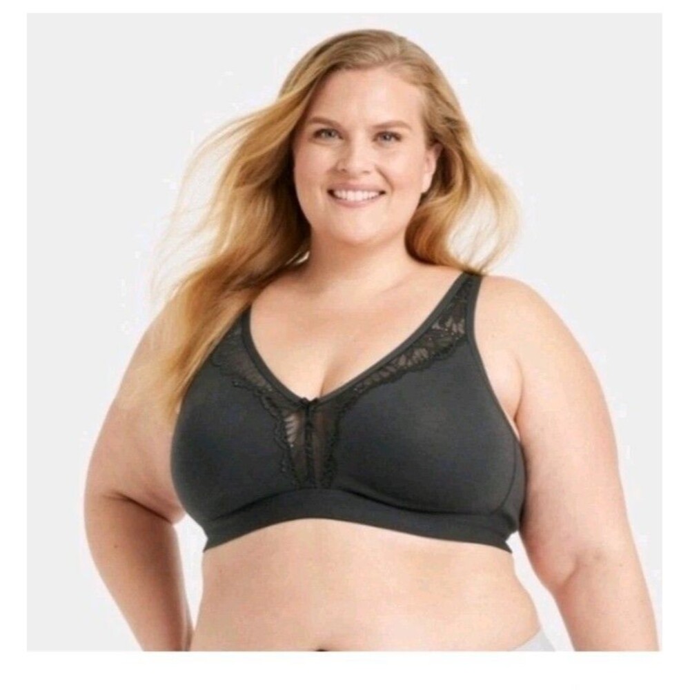 Auden Essential Unlined Lace Trim Wire-Free Bra Dark Gray 42D NWT Cozycore